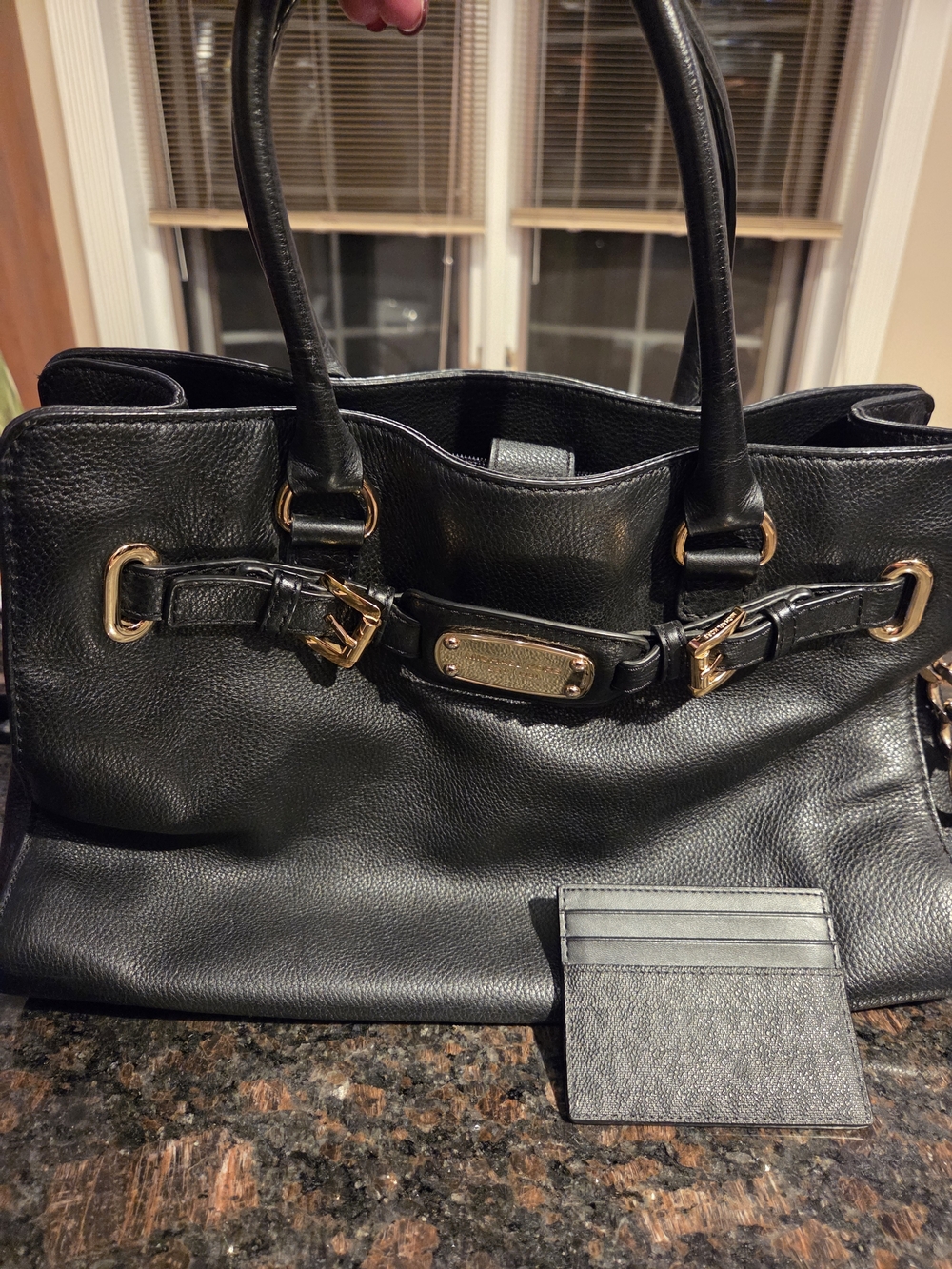 Michael Kors Black Leather Hanbag with Gold-Tone Accents And Card Holder
